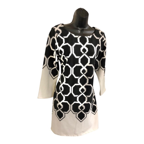 Black & off white geometry print colorblock mod style dress size medium new - Picture 2 of 16